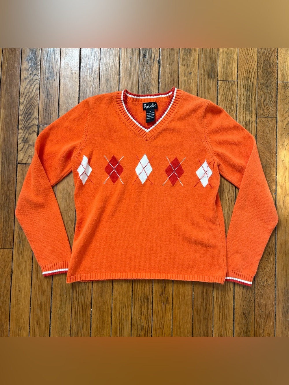 Ralph lauren Style 100% cotton Orange Argyle V-Neck Sweater